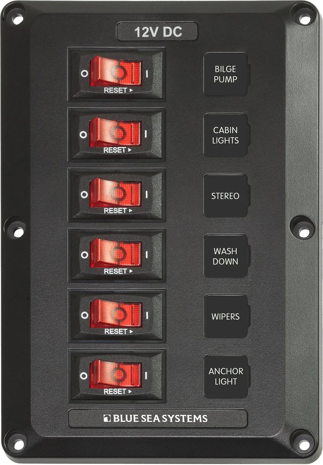 4352-BSS – BLUE SEA Power Distribution Box, Circuit Breaker Panel 12 Volt DC 45 Amp 6 Positions Black Polycarbonate/ ...